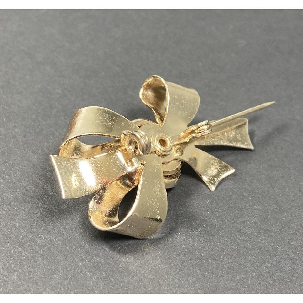 Vintage Coro Flower and Bow Brooch Gold Tone Clear Crystal Center Signed - Picture 10 of 10